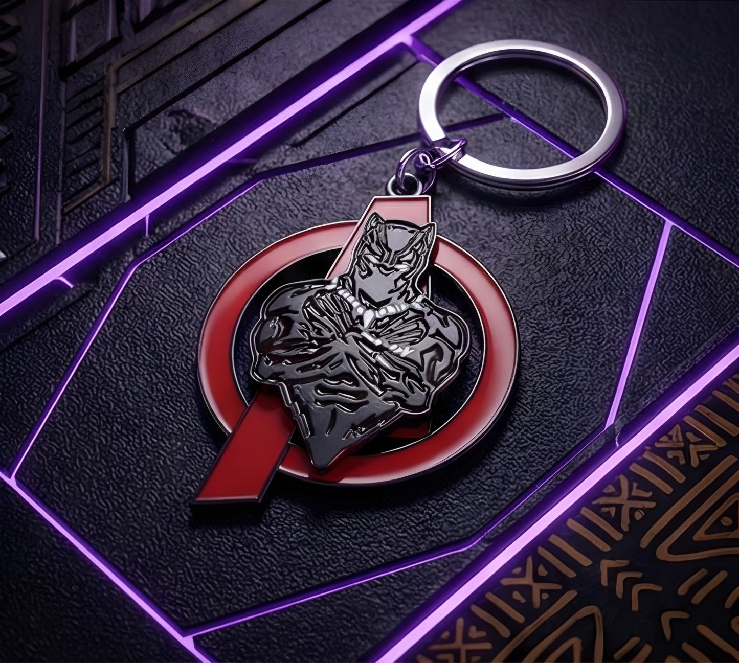 Premium Metal Spinning Keychain, Black Panther Front View