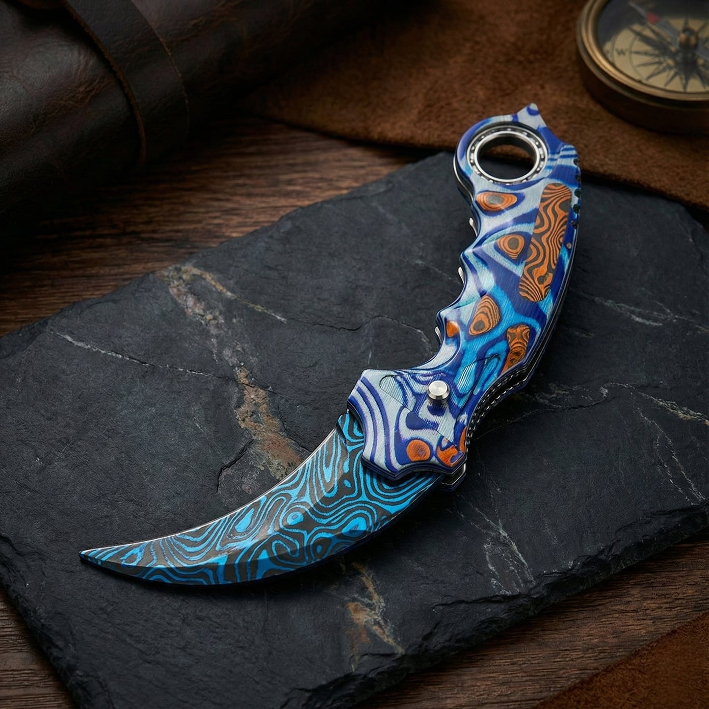 metal karambit knife, Damascus Blue