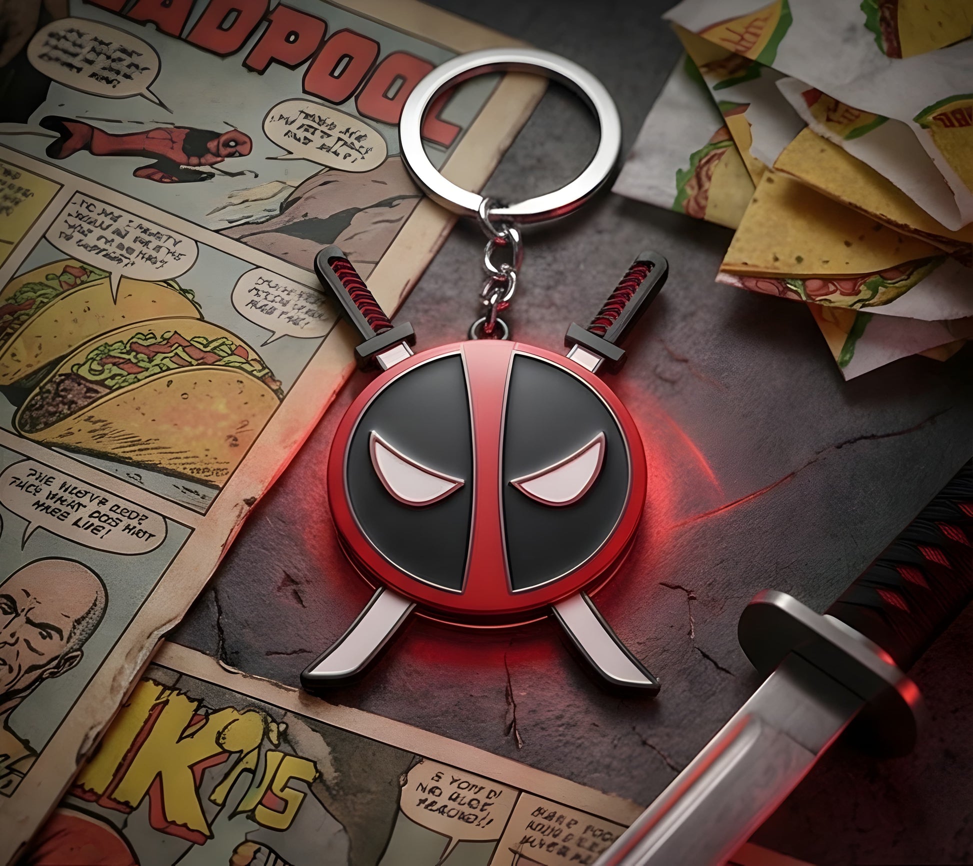 Premium Metal Spinning Keychain, Deadpool Front View